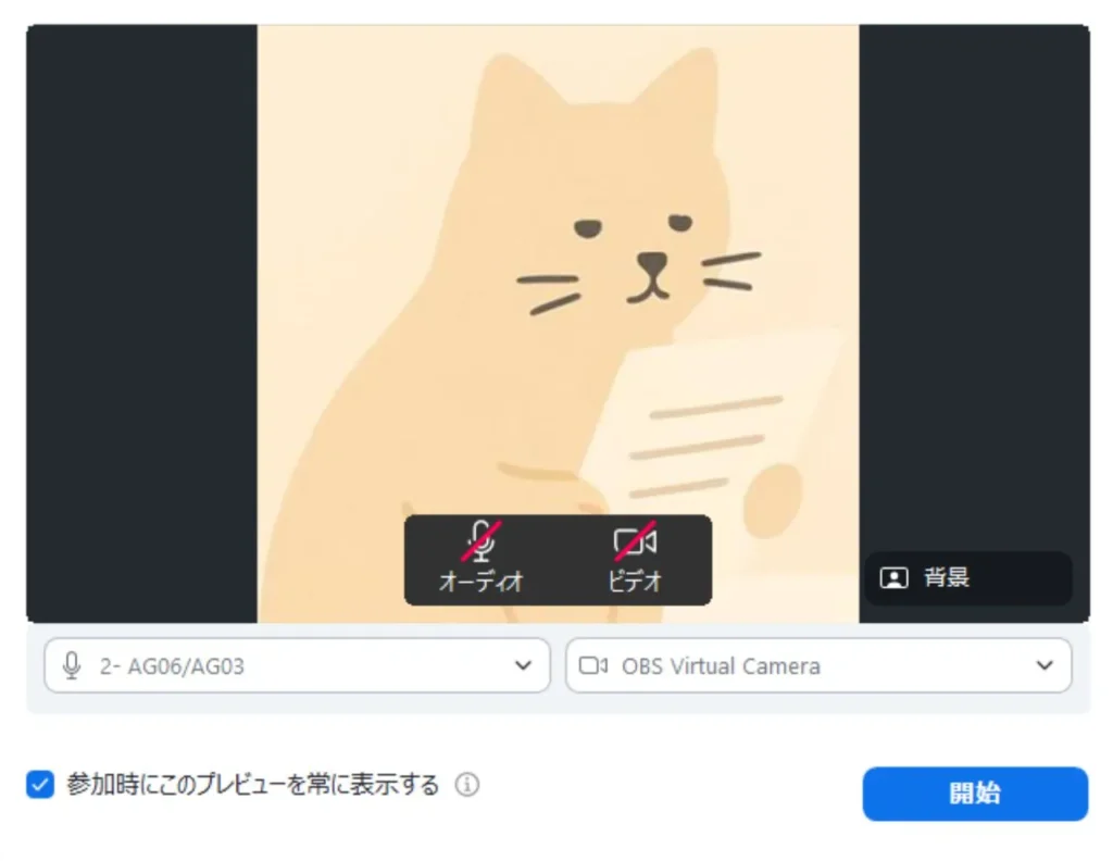 Zoomミーティングのプレビュー画面