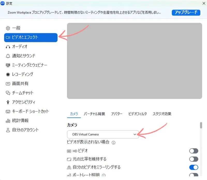Zoomアプリのカメラ設定画面