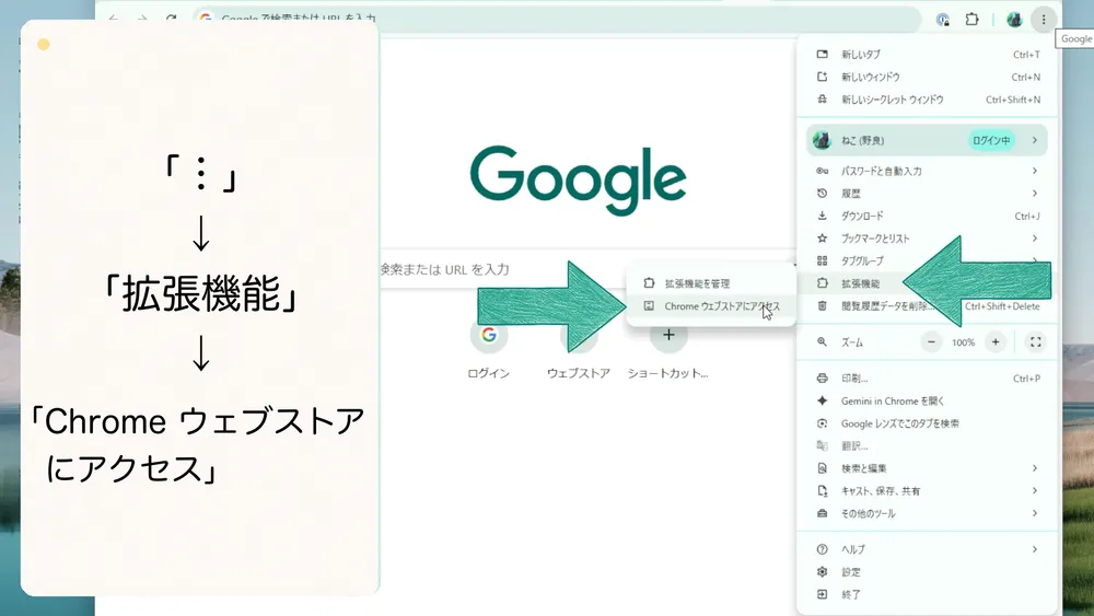 Chromeのメニューから「拡張機能」を開き「Chromeウェブストアにアクセス」を選択します。
