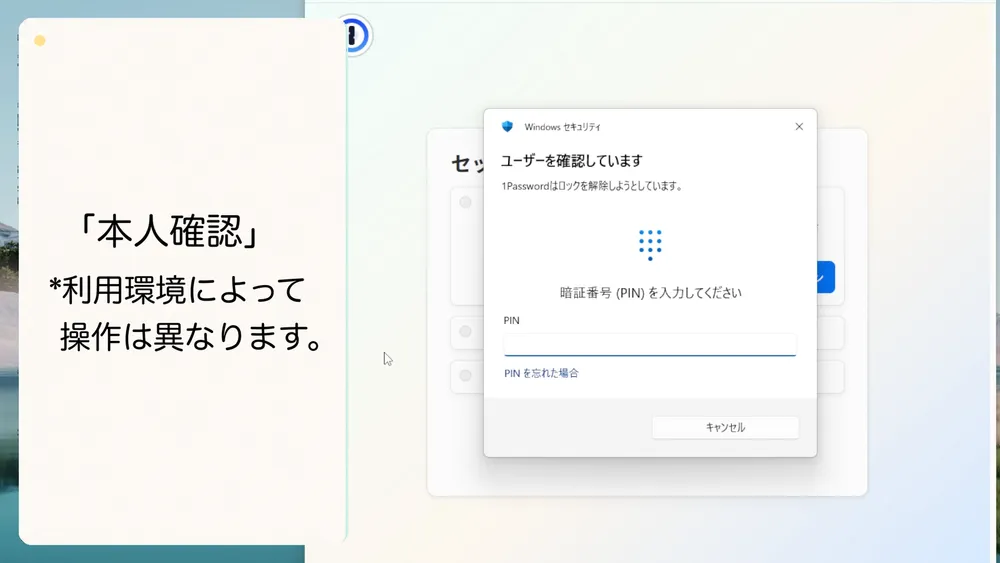 利用環境に応じて本人確認を行います。この例ではWindowsのPINを入力します。
