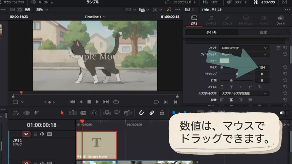 サイズの数値欄をマウスでドラッグして文字サイズを調整する操作