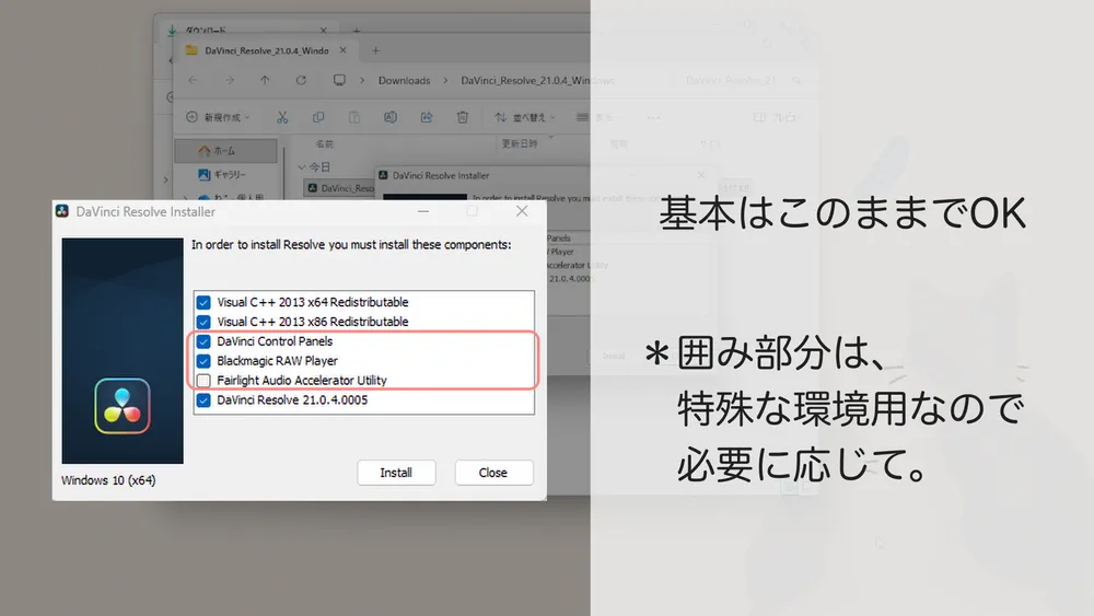 DaVinci Resolve Installerのインストール項目一覧