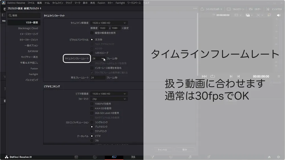 タイムラインフレームレートの設定箇所