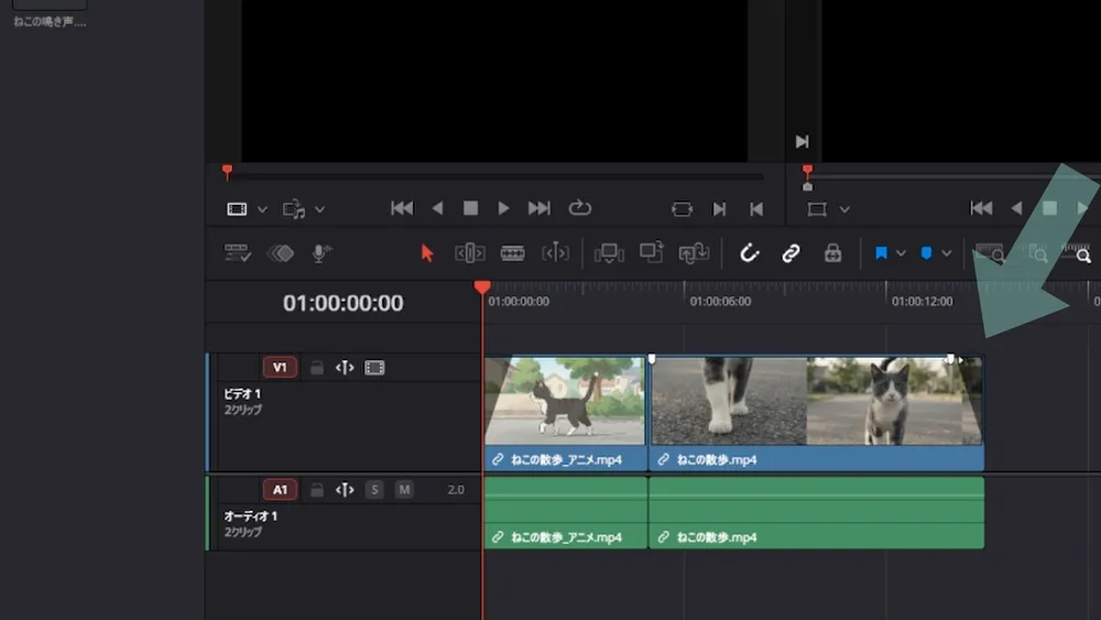 クリップ右上のフェードハンドルを動かしてフェードアウトを付ける操作